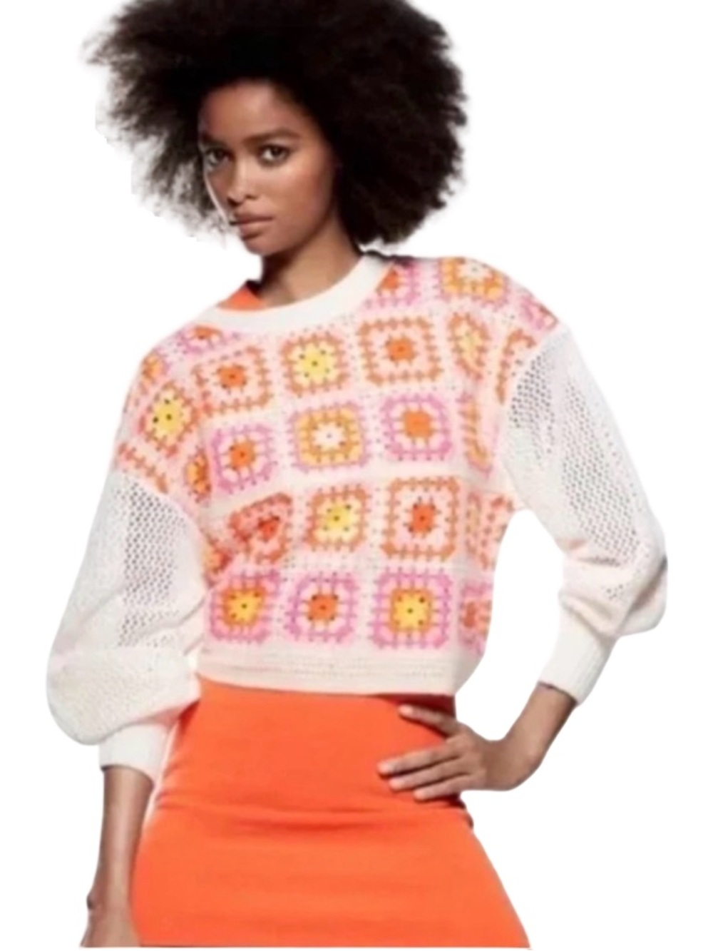 ZARA Bloggers Favorite Crochet Granny Square Sweater Size S like new